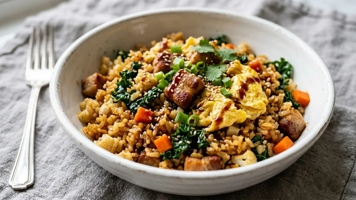 Dr Casey Means weight loss recipe pork cauliflower fried rice in white ceramic bowl on marble