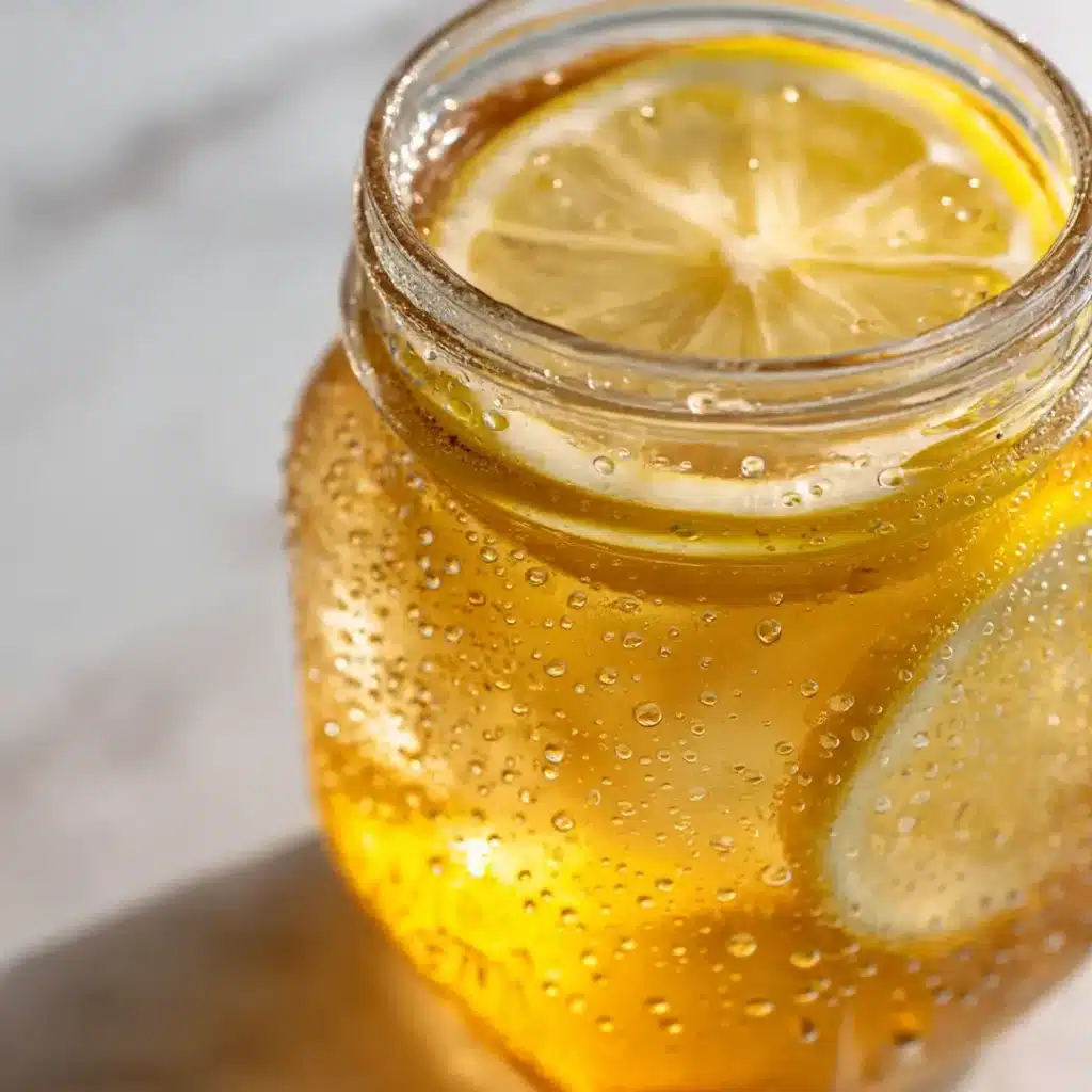 dr-gupta-honey-cold-overnight-version dr gupta honey cold overnight version in sealed mason
jar with lemon slice and ginger on white marble