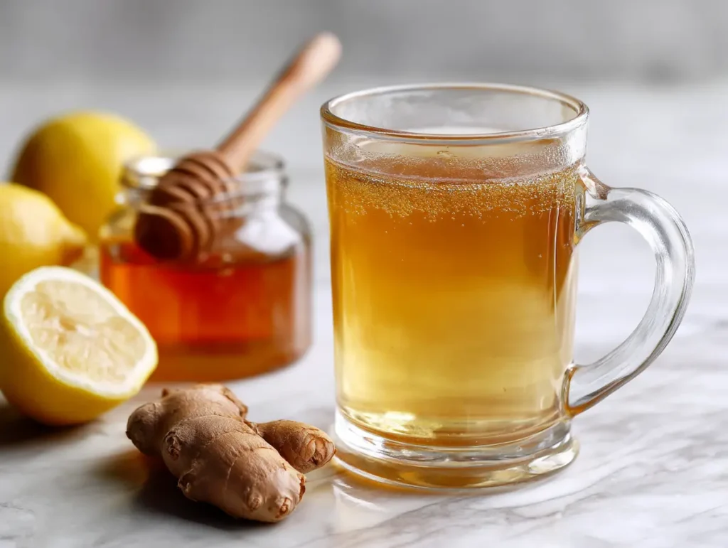 dr-gupta-honey-recipe-finished finished dr gupta honey recipe in clear ceramic mug
with raw honey jar lemon half and ginger on white
marble morning light