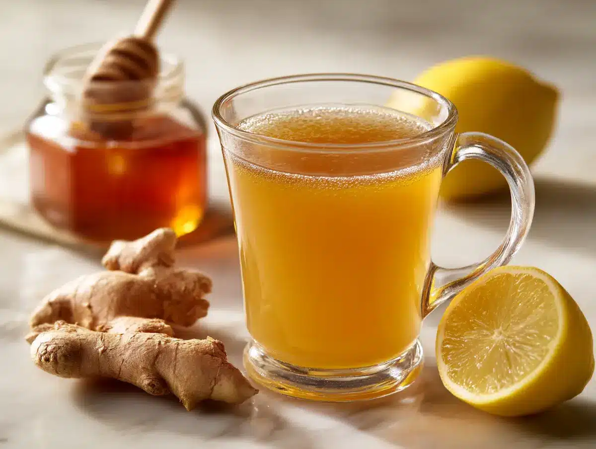 Dr Gupta Honey Recipe: 5 Facts + Safe Version 3 dr gupta honey recipe in clear ceramic mug with raw honey jar fresh lemon and ginger on white marble