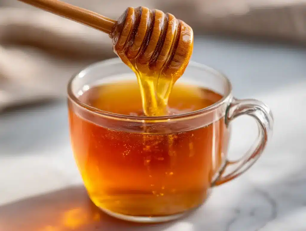 dr-gupta-honey-step2-raw-honey-dissolve raw honey drizzling into warm water mug for dr gupta
honey recipe step 2 dissolving raw honey