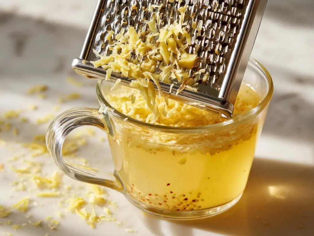 dr-gupta-honey-step4-fresh-ginger fresh ginger grated with microplane into honey lemon
mug for dr gupta honey recipe step 4 fresh ginger