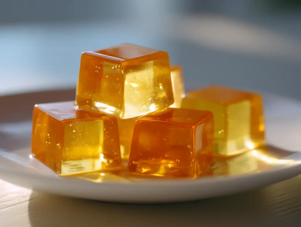 Gelatin cubes before dinner arranged on a white plate for portion control