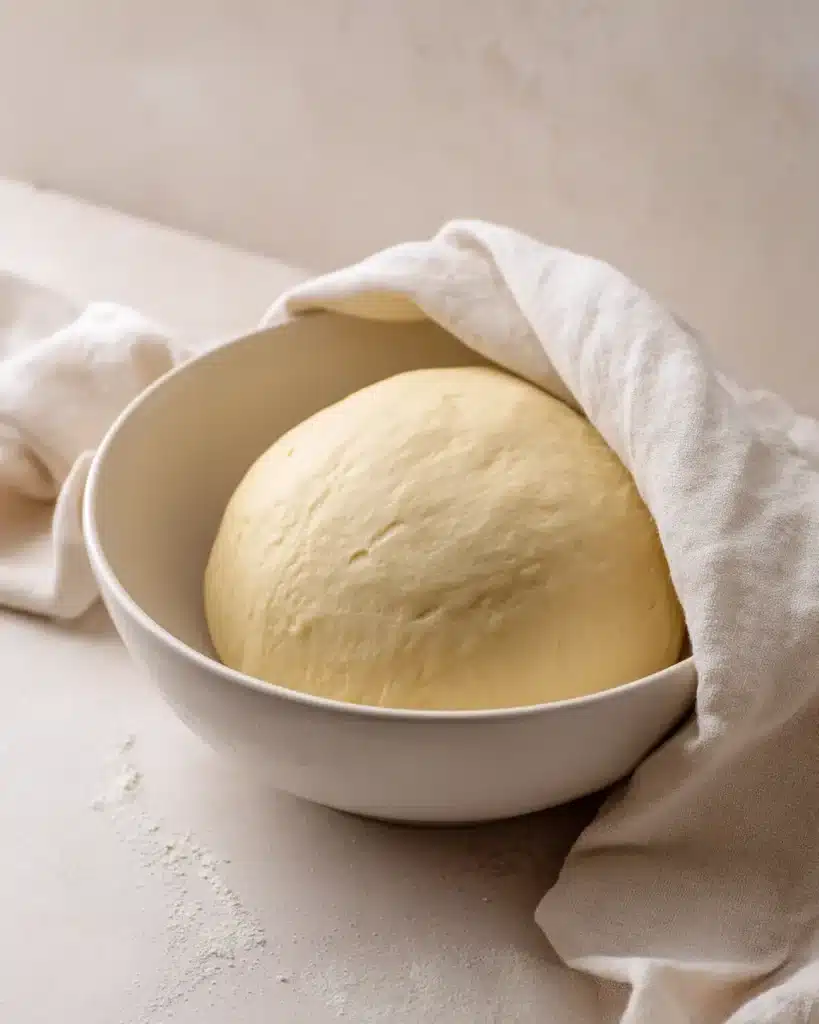 soft fast naan dough ball resting in white bowl
