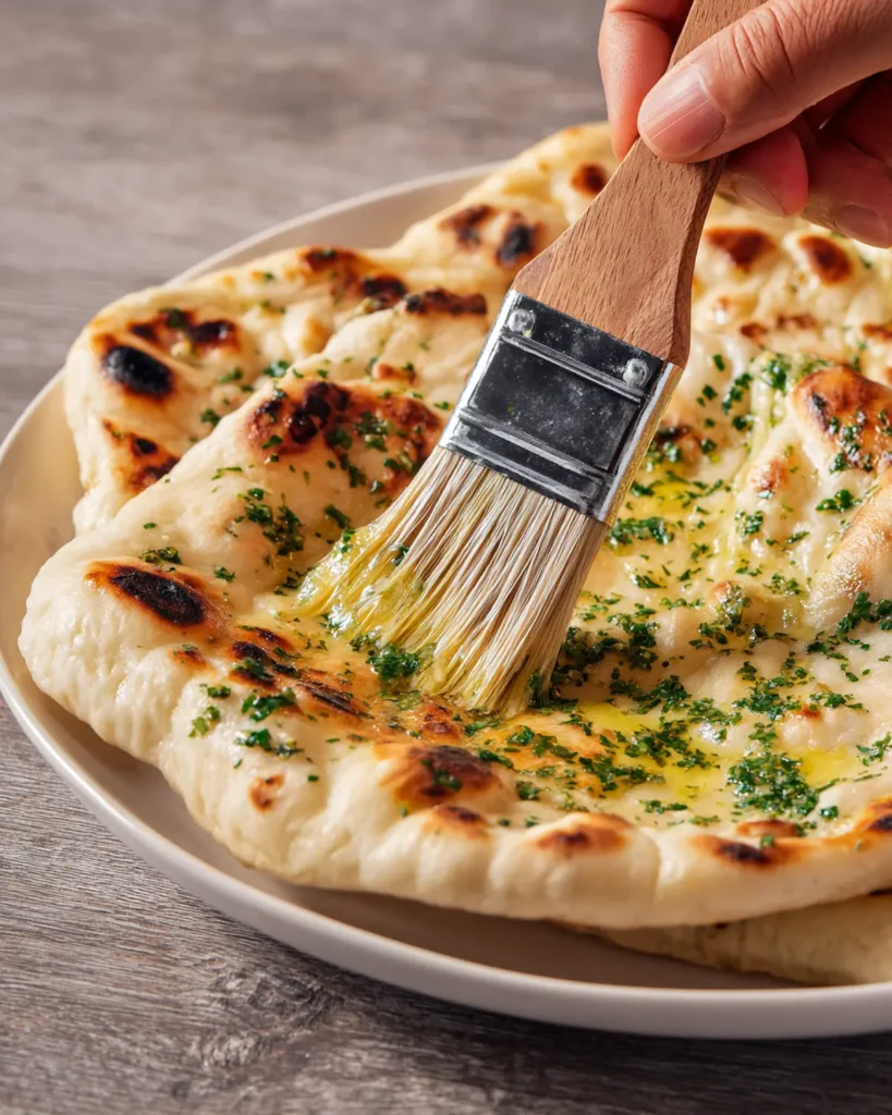 brushing garlic butter on hot fast naan bread