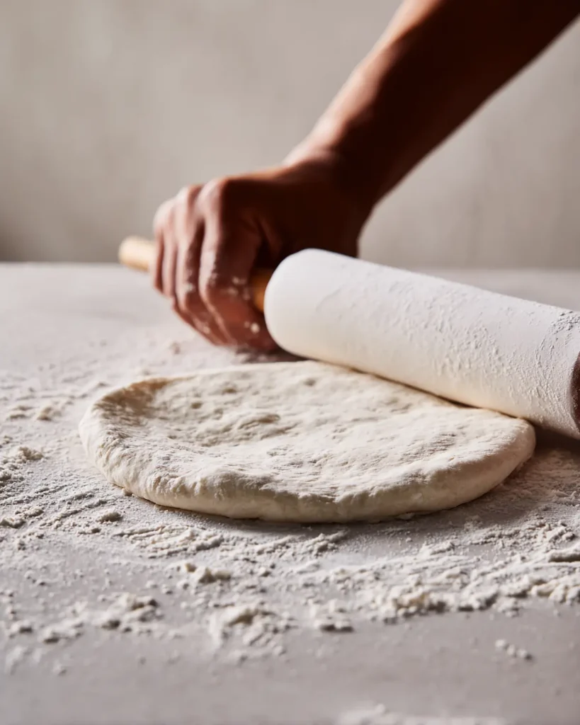 rolling oval fast naan dough on counter