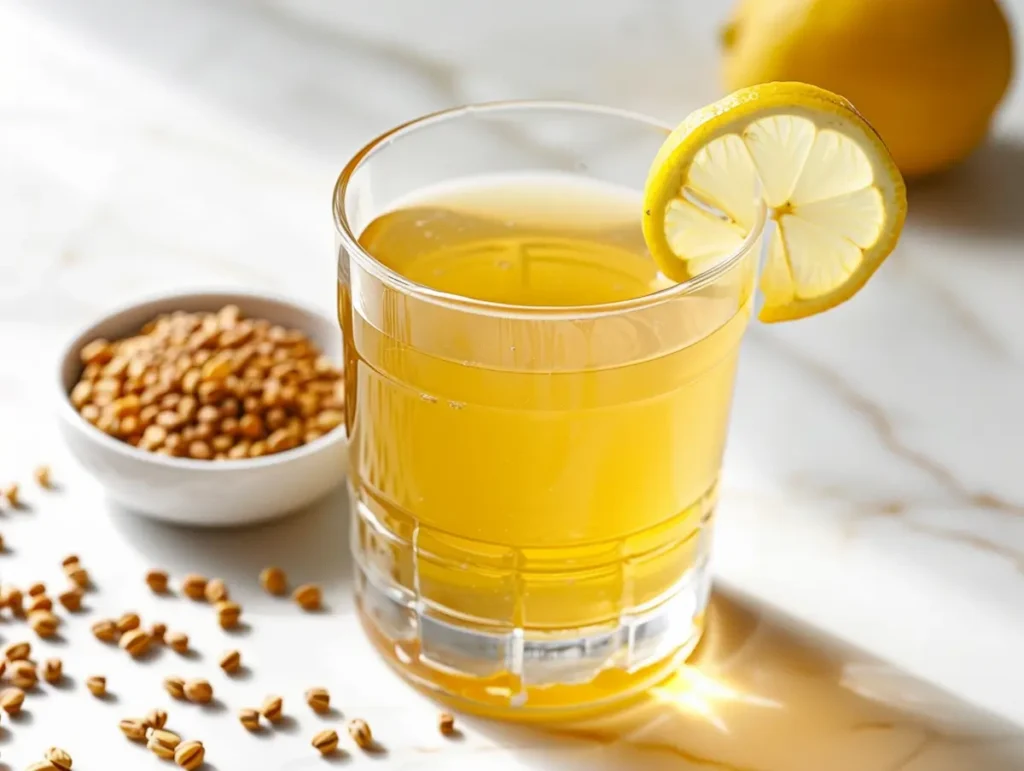 fenugreek-water-with-lemon fenugreek water with lemon variation in a clear glass on white marble