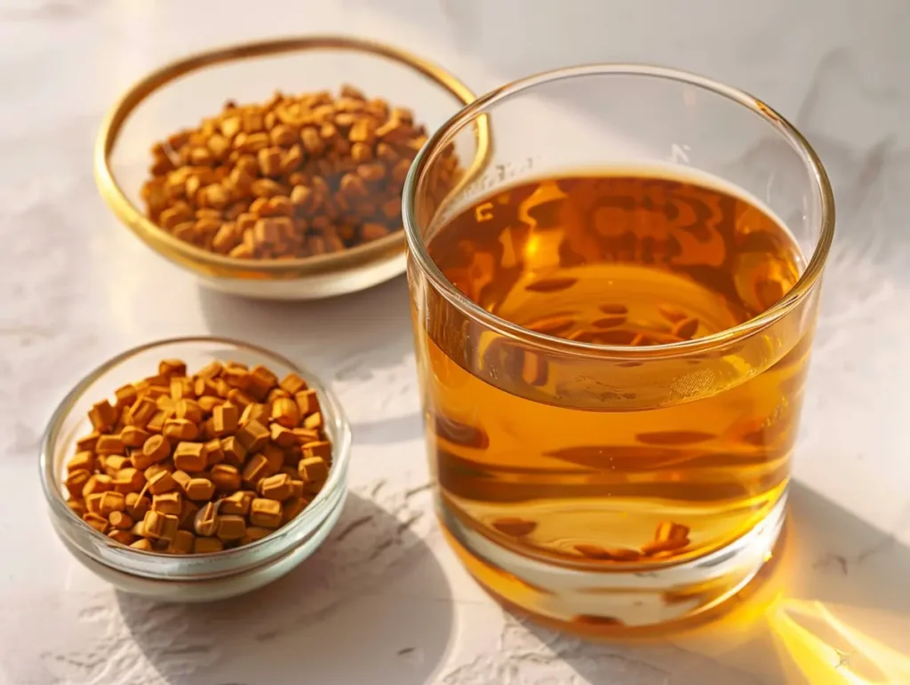 fenugreek water for weight loss in a clear glass with soaked fenugreek seeds on white marble
