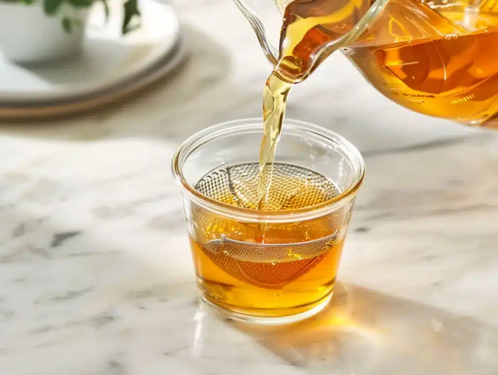 fenugreek-water-strained-glass strained fenugreek water poured into a clear glass for a morning wellness drink