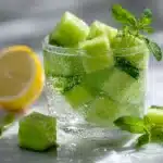 Frozen cucumber mint cubes in a clear glass of sparkling water with mint leaves and lemon on white marble