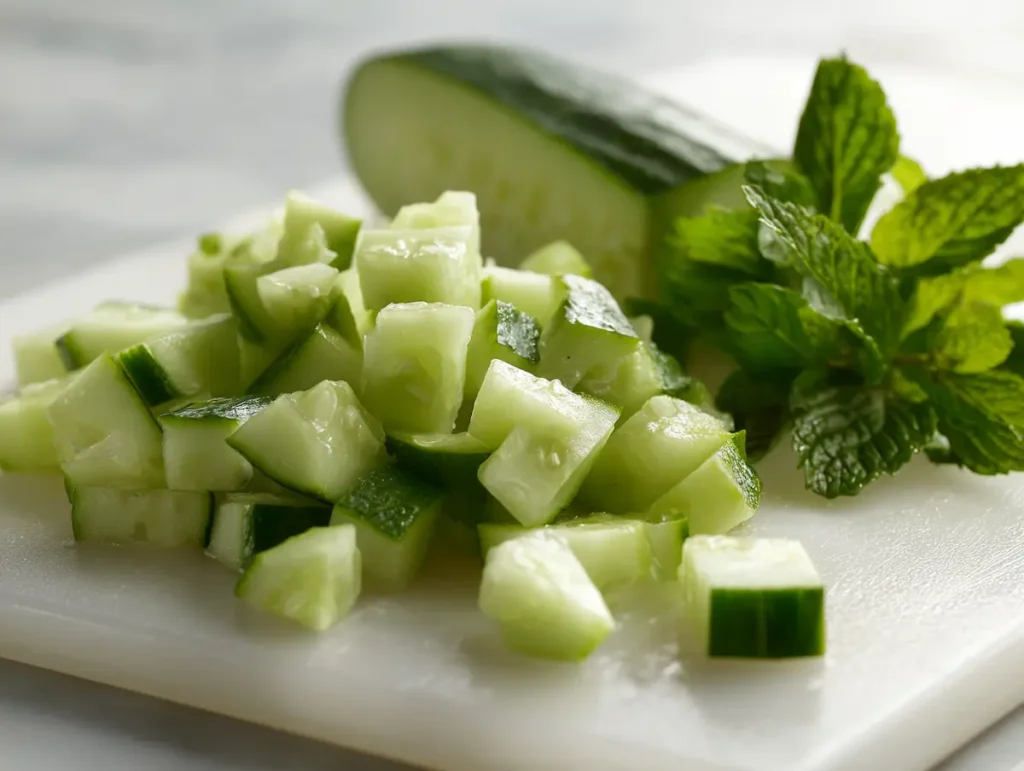 Cucumber chunks and fresh mint leaves on a white cutting board for frozen cucumber mint cubes