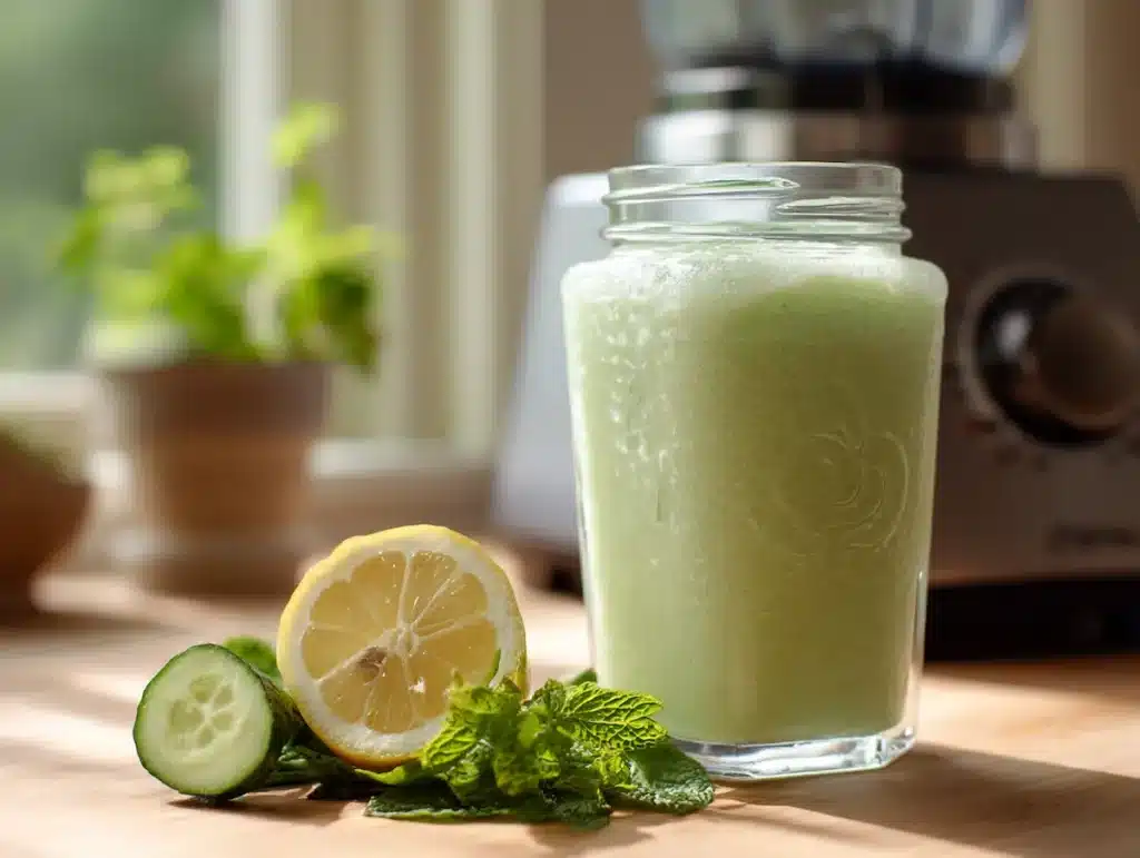 Blender filled with pale green cucumber mint liquid for frozen cucumber mint cubes recipe