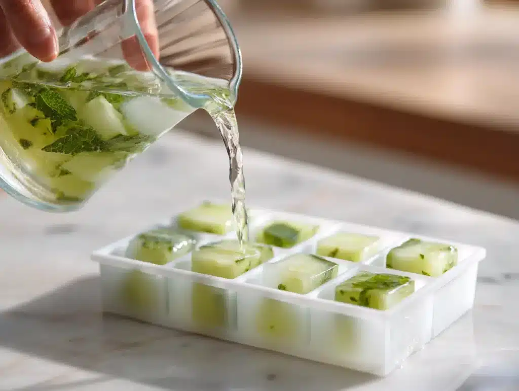 Pale green cucumber mint liquid poured into a silicone ice cube tray for freezing