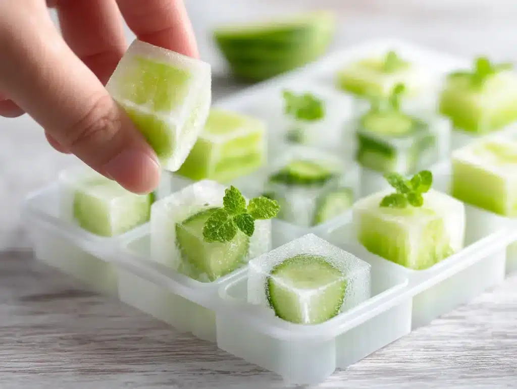 Fully frozen green cucumber mint cubes being popped out of a white silicone tray
