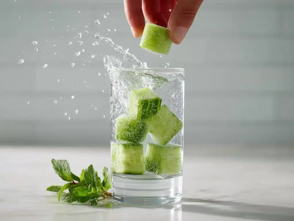 Hand dropping frozen cucumber mint cubes into a tall glass of water before dinner