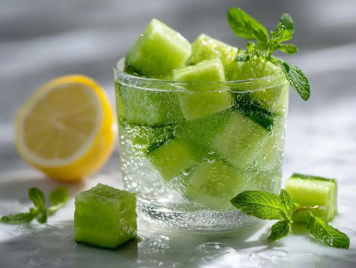 Frozen cucumber mint cubes in a clear glass of sparkling water with mint leaves and lemon on white marble