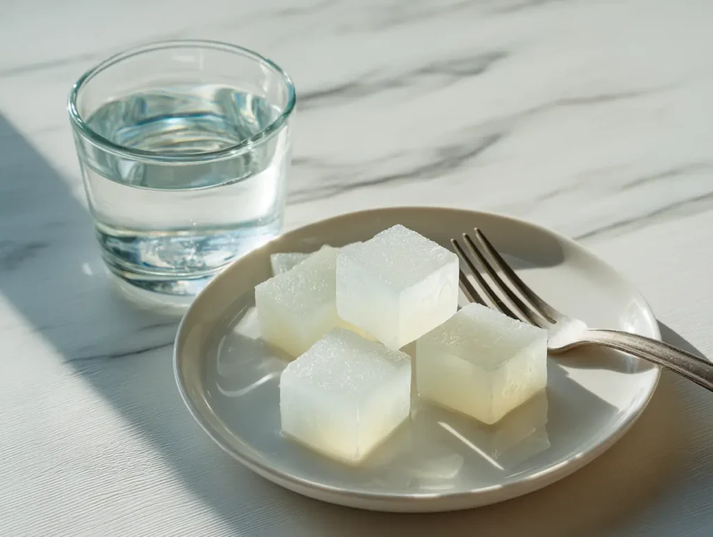 Four gelatin cubes before dinner on a small plate with a glass of water