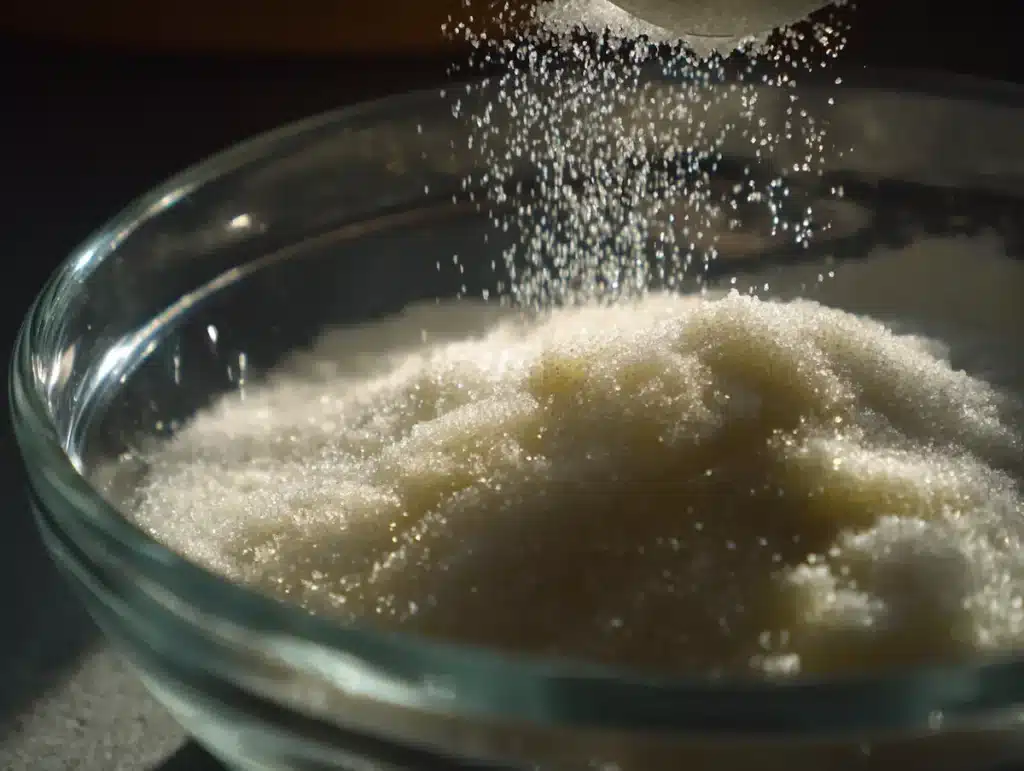 Unflavored gelatin powder blooming in cold water for gelatin cubes before dinner