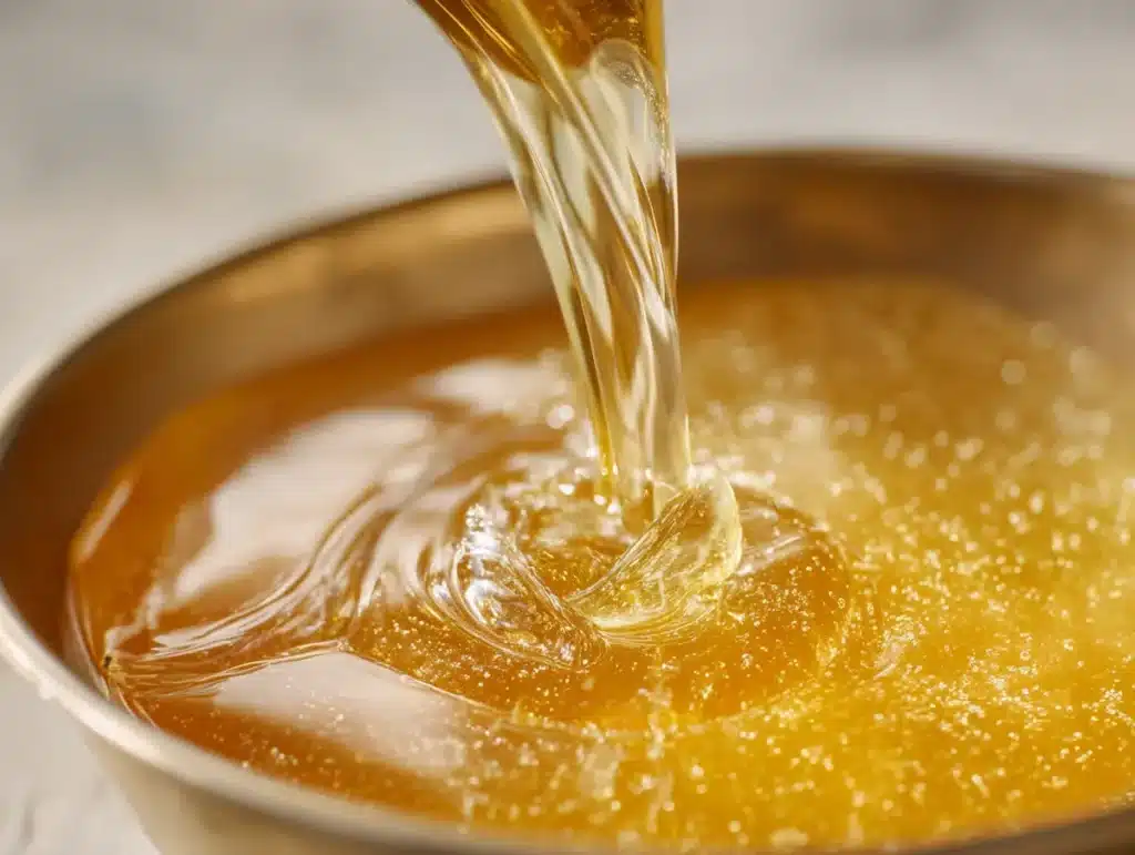 Hot broth poured over bloomed gelatin for gelatin cubes before dinner recipe