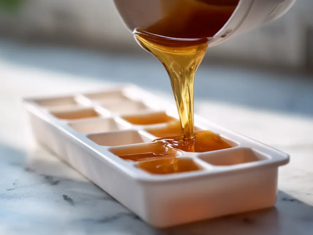 Warm gelatin liquid poured into a silicone tray for gelatin cubes before dinner