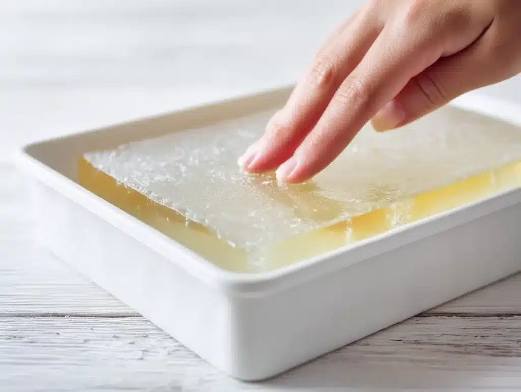 Fully set gelatin slab in a white dish ready to cut for gelatin cubes