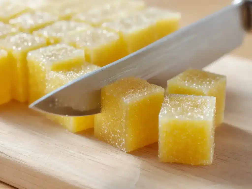 Sharp knife cutting set gelatin into cubes for gelatin cubes before dinner