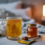 Warm gelatin trick before bed drink in clear ceramic mug with honey jar on white nightstand