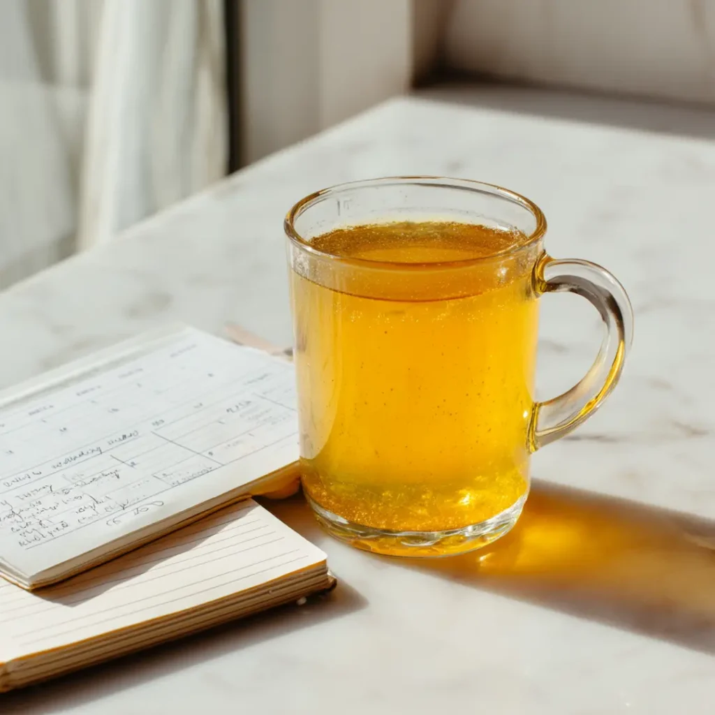 gelatin-trick-before-bed-30-days Gelatin trick before bed 30 day tracking journal beside warm mug on white marble