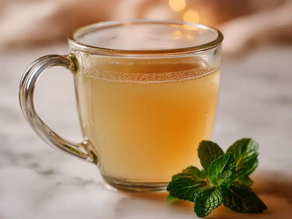gelatin-trick-before-bed-finished-drink Finished gelatin trick before bed drink in clear mug on white marble with warm evening lighting