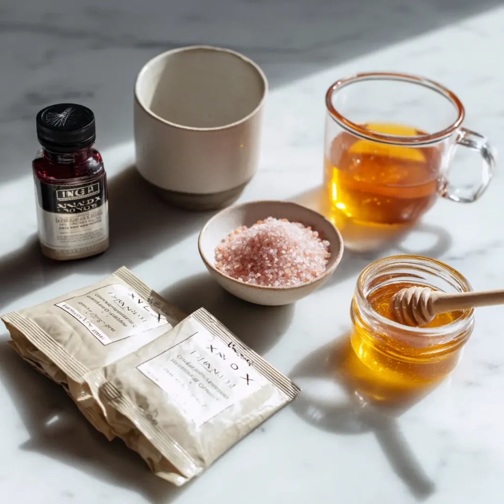 gelatin-trick-before-bed-ingredients Gelatin trick before bed ingredients on white marble including Knox gelatin vanilla honey and pink salt