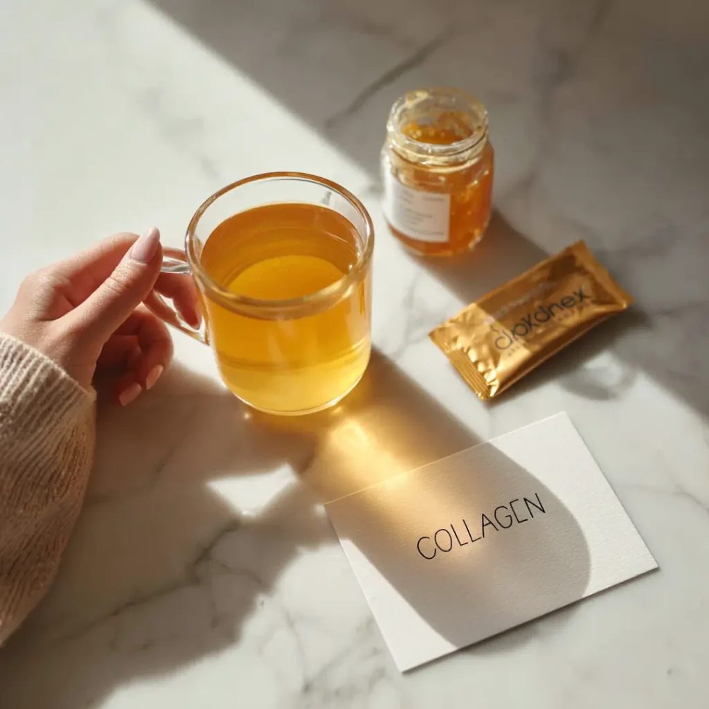 gelatin-trick-before-bed-skin-collagen Gelatin trick before bed collagen skin benefit flat lay with mug honey and gelatin packet on white marble