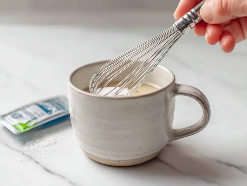 gelatin-trick-before-bed-step1-dissolve Whisking Knox unflavored gelatin into hot water in ceramic mug for gelatin trick before bed step 1