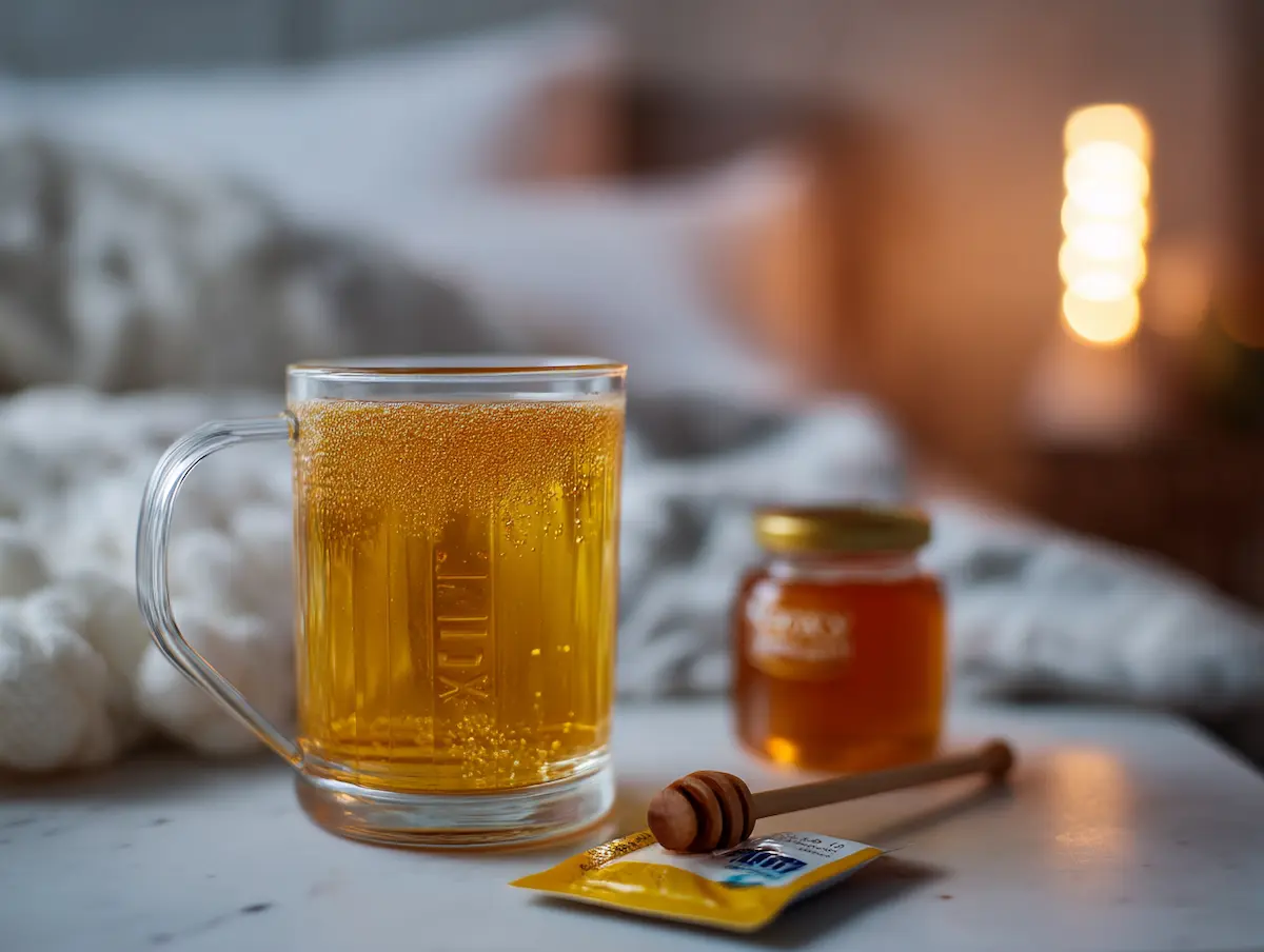 Gelatin Trick Before Bed: 5 Proven Results in 30 Days 2 Warm gelatin trick before bed drink in clear ceramic mug with honey jar on white nightstand