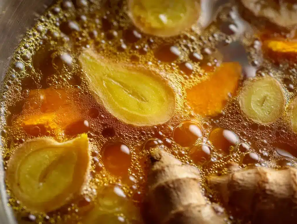 Close surface view of gently simmering bone broth turmeric ginger