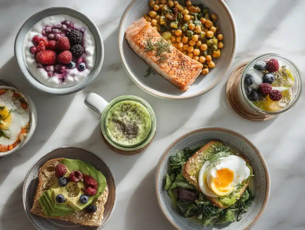 Six GLP-1 off-ramp diet recipe bowls arranged overhead on white marble for a healthy meal guide
