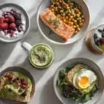 Six GLP-1 off-ramp diet recipe bowls arranged overhead on white marble for a healthy meal guide