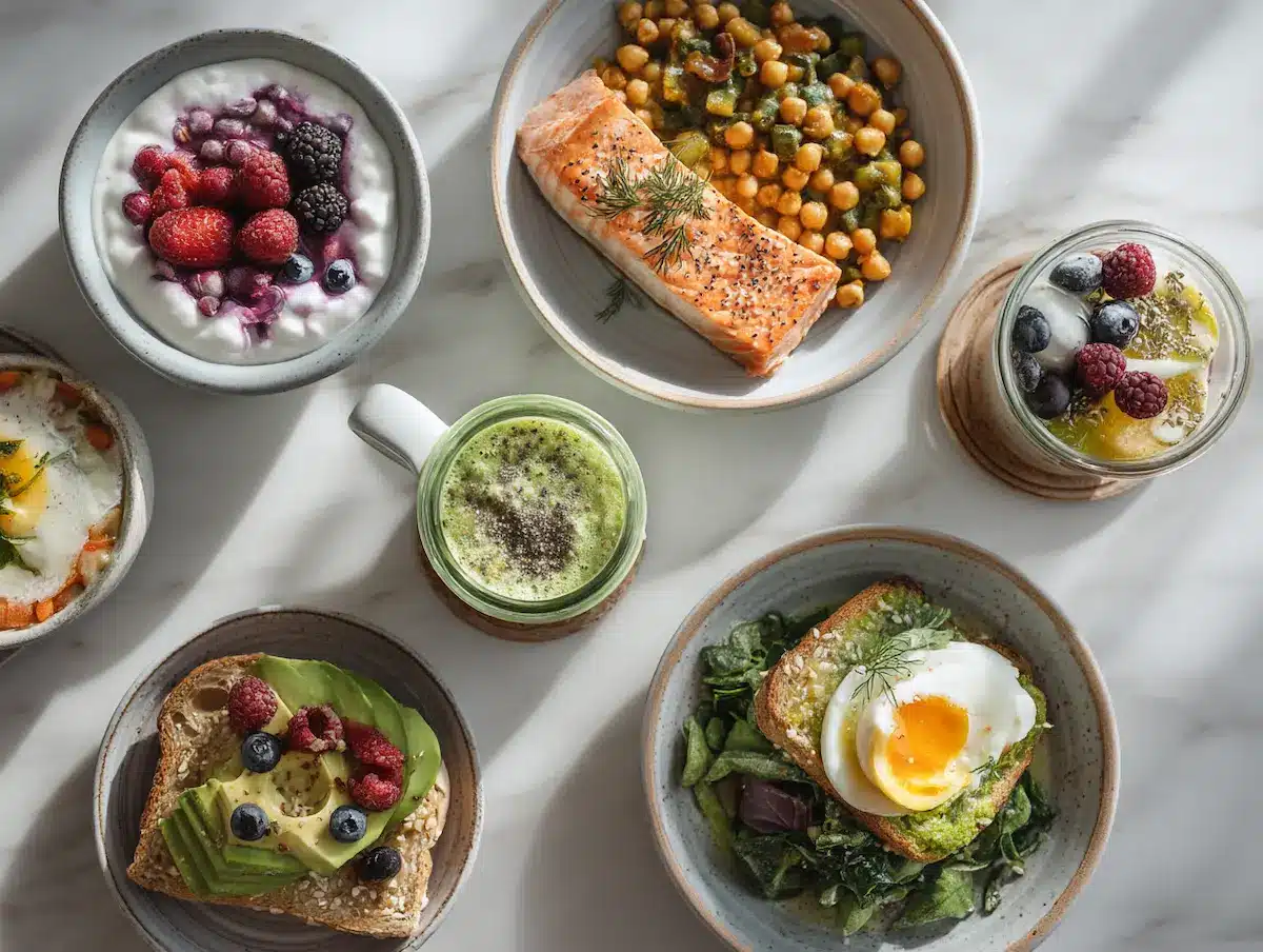 Six GLP-1 off-ramp diet recipe bowls arranged overhead on white marble for a healthy meal guide