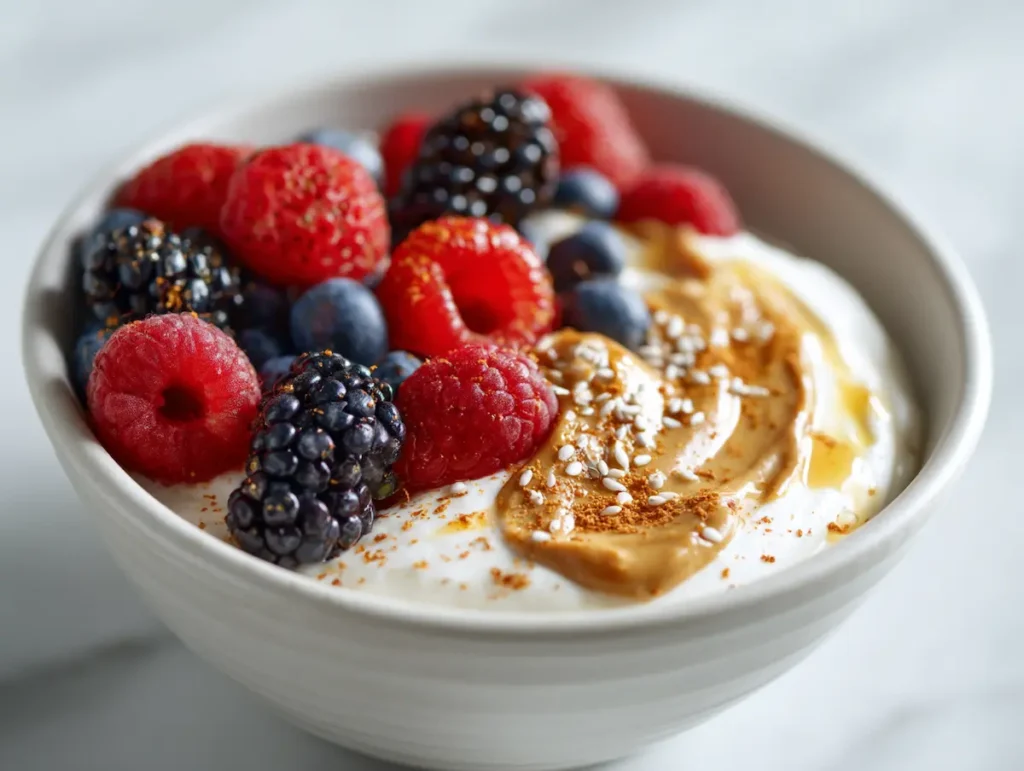 High-protein Greek yogurt bowl with berries and chia seeds