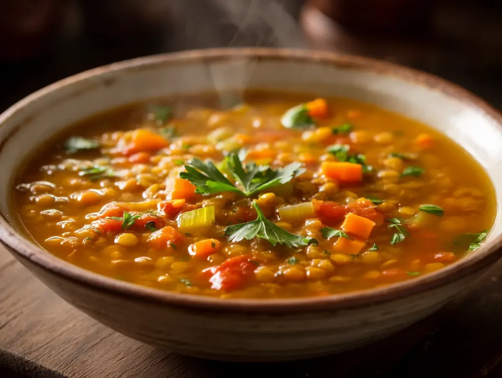 Lentil veggie soup bowl for GLP-1 off-ramp diet recipe