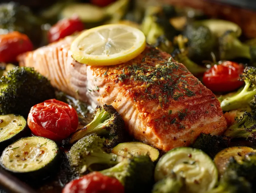 Baked salmon with roasted vegetables GLP-1 off-ramp dinner