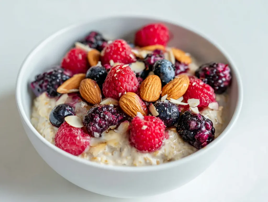 healthy overnight oats recipe for weight loss topped with berries and nuts