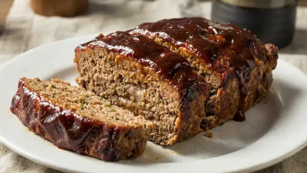 Best classic meatloaf recipe sliced on white plate with caramelized ketchup glaze