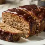Best classic meatloaf recipe sliced on white plate with caramelized ketchup glaze