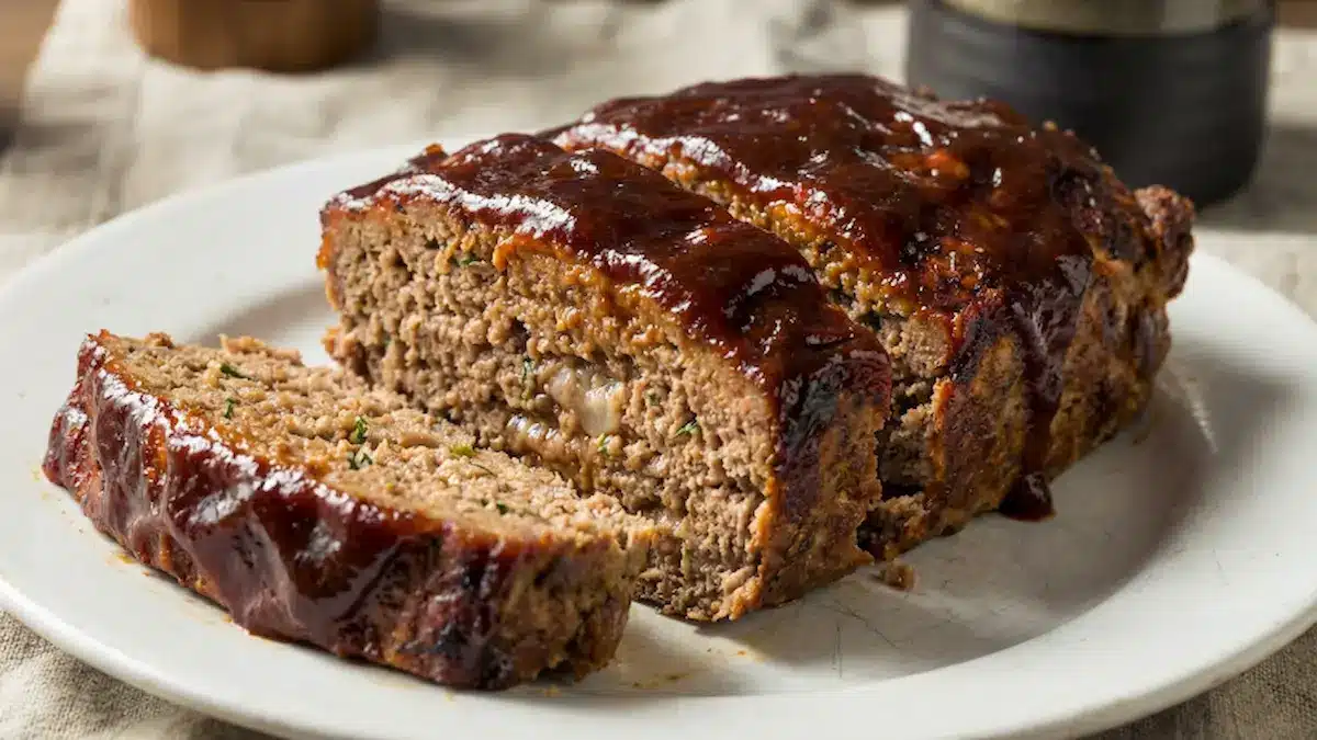 Best classic meatloaf recipe sliced on white plate with caramelized ketchup glaze