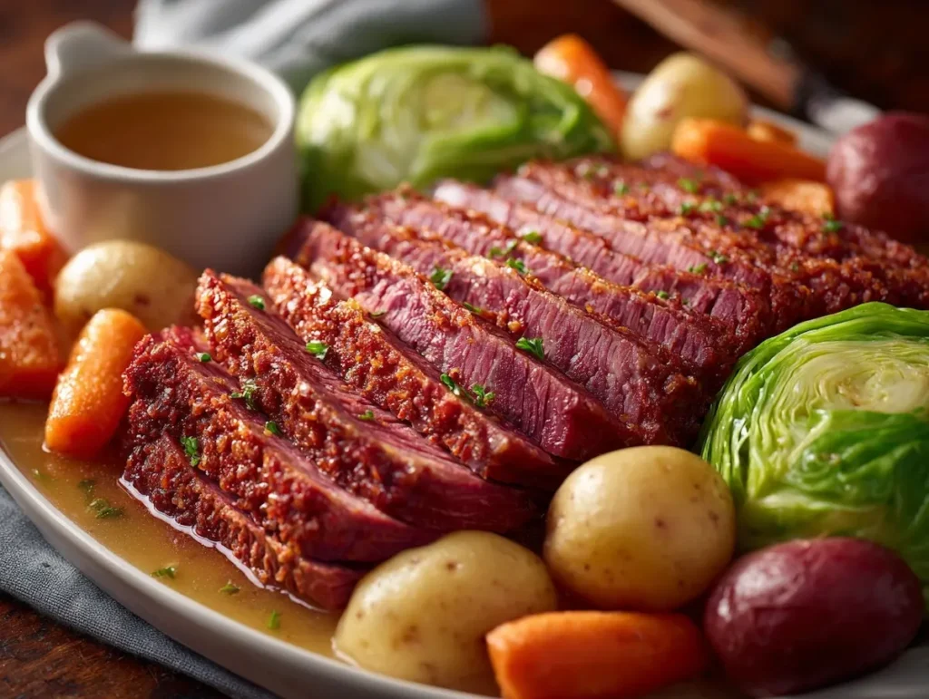 close up of sliced corned beef and cabbage recipe with carrots and potatoes on white platter