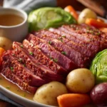 close up of sliced corned beef and cabbage recipe with carrots and potatoes on white platter