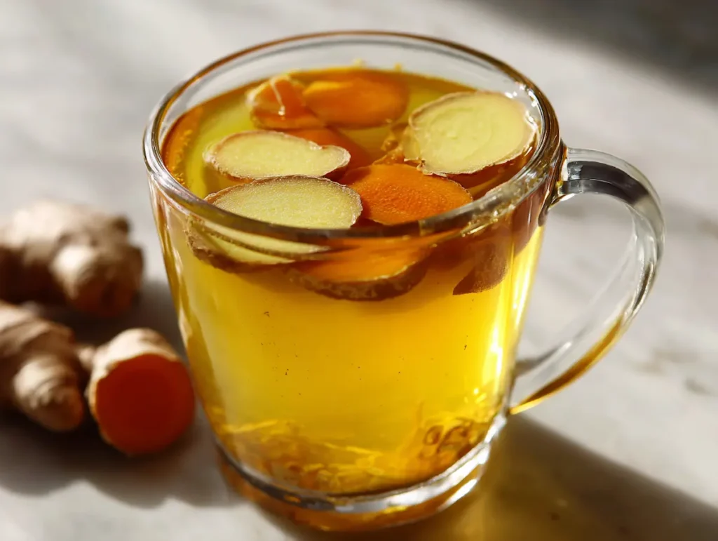 Close up of a full mug of golden bone broth turmeric ginger on stone surface