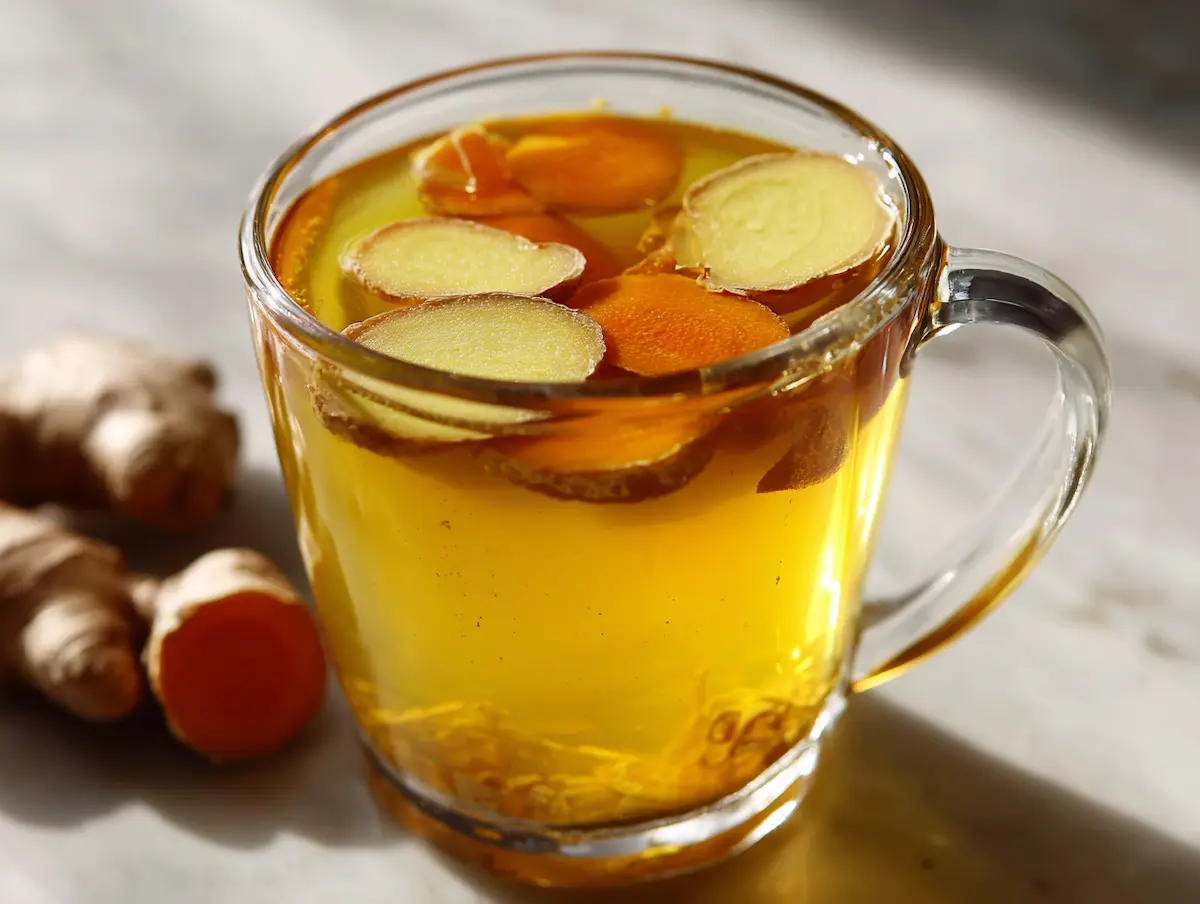 Close up of a full mug of golden bone broth turmeric ginger on stone surface