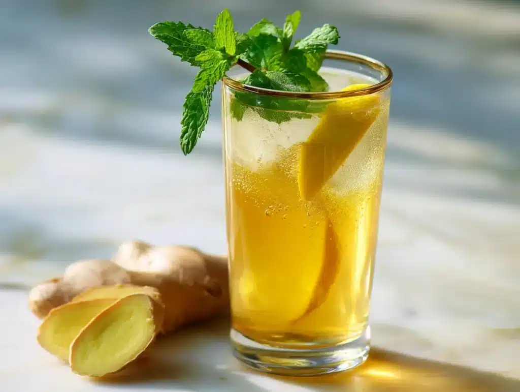 Clear glass of golden pineapple skin ginger mint tea with fresh mint and lemon on white marble