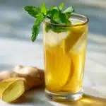 Clear glass of golden pineapple skin ginger mint tea with fresh mint and lemon on white marble